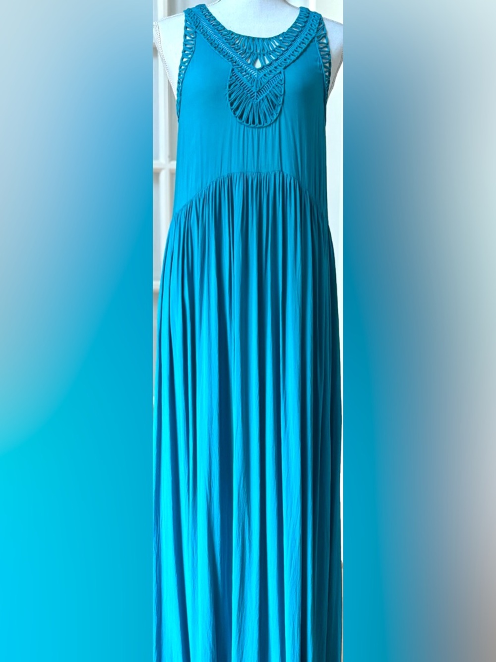 Teal Boho Maxi Dress Macramé Neck Sleeveless Flowy Beach Resort M